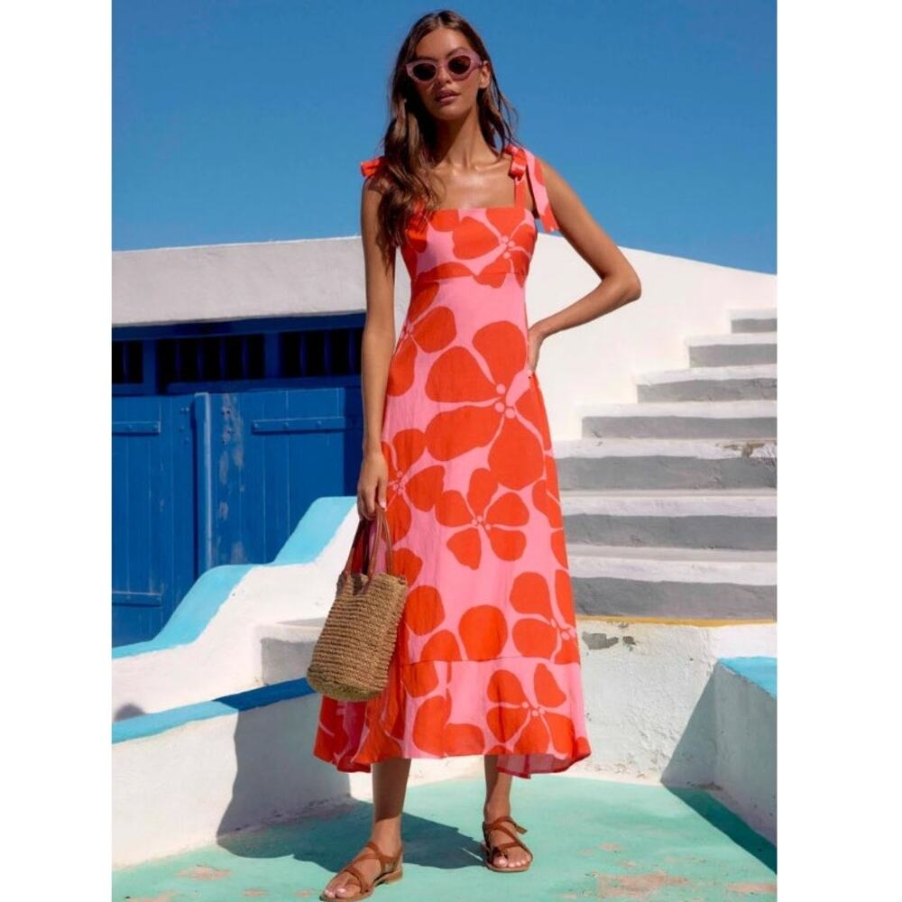 NWT Mister Zimi Linen Blend Casual Floral Summer Midi Iris Tie Dress in Hydra 4